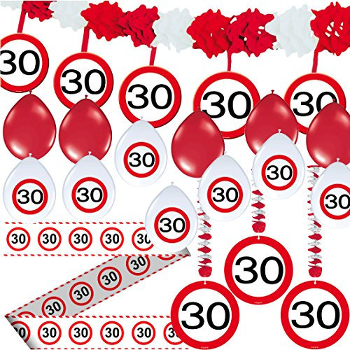 23-tlg. Partyset * 30. GEBURTSTAG * mit Verkehrschild Deko: Girlande + Rotorspiralen + Absperrband und vielen Luftballons von CARPETA® // Dekoset Dekobox Verkehrsschild