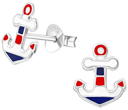 Laimons Damen-Ohrstecker Anker 10mm im Maritim Design weiß blau rot Sterling Silber 925