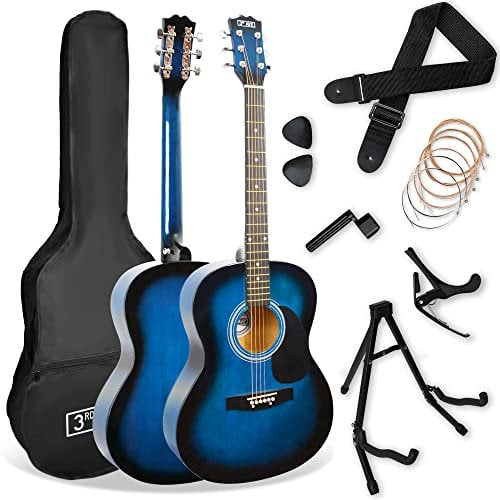 3rd Avenue Pacchetto con chitarra acustica di dimensioni standard 4/4 livello beginner, custodia da trasporto, plettri e corde di riserva, stand, tracolla, capotasto– Blu