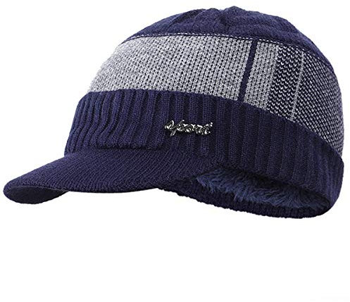 Yixda Wintermütze Herren Warm Beanie Mütze Strickmütze Cap mit Schild (Marine)