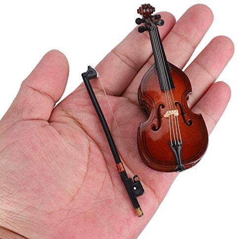 Garosa 10cm hölzernes Miniatur Bass Ornament mit Ständer, Bogen und Koffer, Mini Replik Musikinstrument Sammler Miniatur Puppenhausmodell