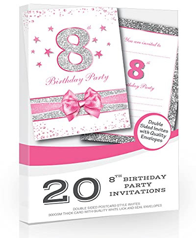 Olivia Samuel Lot de 20 cartes d'invitation pour 8e anniversaire avec motif pailleté rose et effet photo Argenté Format A6 avec enveloppes