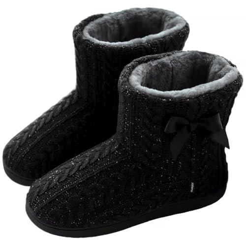GURGER Hüttenschuhe Damen Plüsch Hausstiefel Gefüttert Hausschuhe Hohe Warm Winter Pantoffeln Strick Slipper Feste Sohle für Frauen Schwarz Gr. 37 38