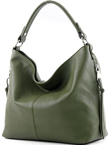 modamoda de T160 Damen Leder Schultertasche Henkeltasche Large handmade in Italy, Farbe:Olivgrün2021