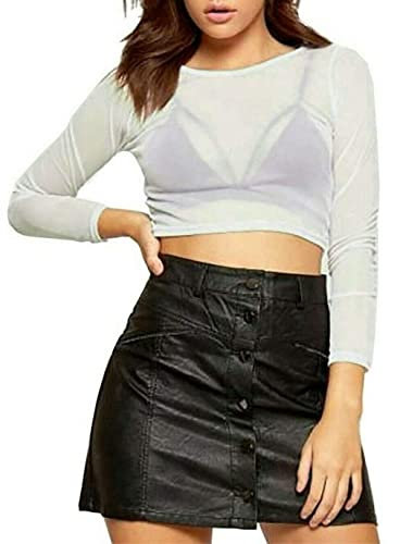 FAIRY BOUTIQUE Womens Long Sleeve Sheer Mesh Crop Top Ladies Crew Neck Stretchy See-Through Tops Sexy Beach Party Cropped Mesh Top (Cream UK 8-10)