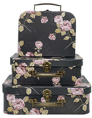 Amedoo Dekorative Boxen 3er Set Dekorative Aufbewahrungsboxen mit Deckel, Pappbox, Vintage Koffer für Heimdekoration, Fotoaufbewahrung, Hutboxen (Schwarze Blumen)