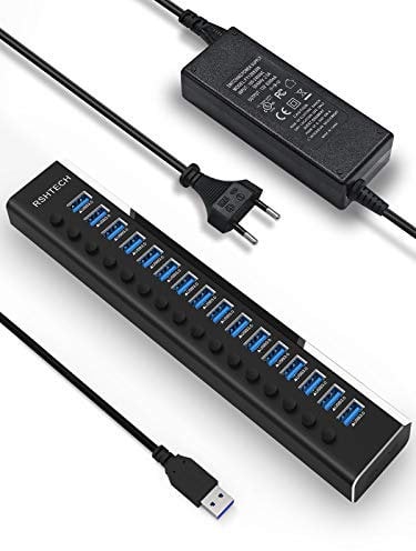 RSHTECH 16 Port USB Hub Aktiv 3.0 mit 100W Netzteil, Aluminium Multiport USB 3.0 Hub mit 12V/8.3A Netzteil und Schalter, für PC, Mobile HDD, Flash-Laufwerk, Professionelle Business Grade, RSH-A16