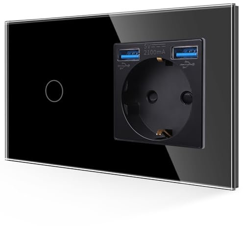 JIMEIDA Toma USB con interruptor de luz en negro, Toma Schuko 3 en 1 de cristal de 16A de empotrar con 2 cargadores USB (2.1A), interruptor de pared táctil de 1 vía 1 pin con LED de estado, 86mm*157mm