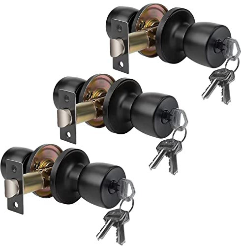 JO.KO Door Knob with Lock and Key Round Ball Lock Interior/Exterior Door Knob Door Latches for Internal Door for Bedroom Or Bathroom 3Pack
