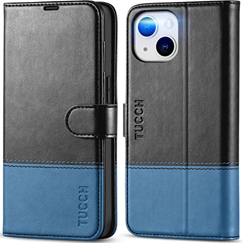 TUCCH Wallet Case for iPhone 14 (6.1), Black & Light Blue