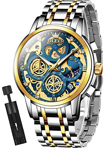 OLEVS Skelettuhren für Herren Blau Analog Quarz Multifunktional Chronograph Easserdicht Luxuriös Modisch Leuchtend Armbanduhren für Herren