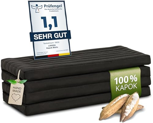 livasia Nachhaltige Klappmatratze aus Kapok - 200x110x8cm - breite Gästematratze, Faltbare Matratze, ökologische Yogamatte, klappbares Gästebett, Liege für Garten und Balkon (Schwarz Uni)