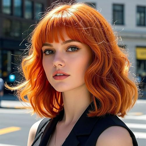 PORSMEER Kurze Bob Perücke Orange mit Pony für Frauen Natürliches Perücke Damen Synthetisches Haar Bunt Täglich Party Halloween Cosplay Gewellte Lockige Perücken,Ingwer Wig 12 zoll