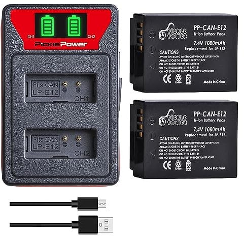 Pickle Power 2-Pack LP-E12 Battery and Charger for Canon PowerShot SX70 HS, EOS M, EOS M2, EOS M10, M50, M50 Mark II, M100, 100D, Rebel SL1, EOS Kiss X7