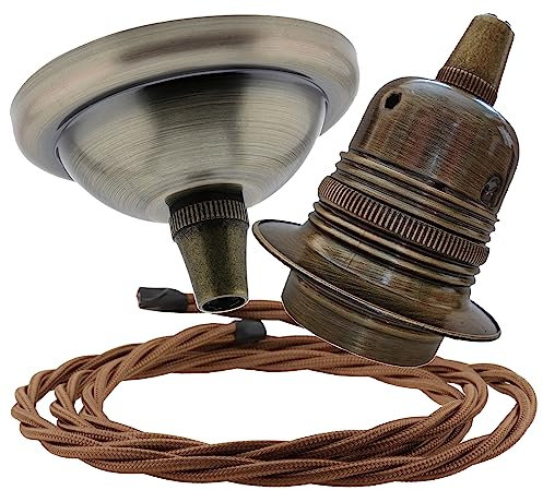 Repaireum Ltd. Vintage Styled Ceiling Pendant Kit incl. Antiqued Brass Finish Rose, E27 Lampholder and 3 Core Bronze Braided Twisted Flex