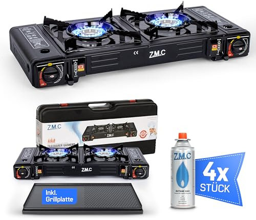 ZMC - Hornillo de gas para camping (2 focos, 4 cartuchos de gas de 227 g y placa de parrilla, 2,5 kW, incluye adaptador para conexión LPG + maletín de almacenamiento, set de cocina de camping con