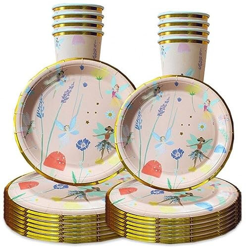 Hrippy 10 Pcs Fée Thème Jetable Vaisselle Ensemble Conte De Fées Tea Party Papillon Princesse Assiettes Serviettes Enfants Filles Anniversaire Fête Fournitures