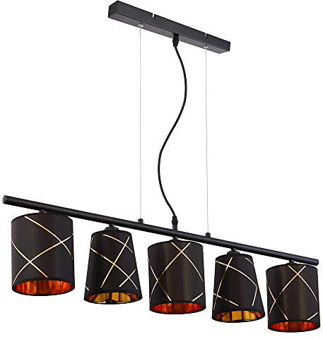 Globo Hängelampe Pendelleuchte Esstisch schwarz gold 5 flammig Esszimmerlampe E14 Wohnzimmerlampe hängend modern, mit goldenen Dekorlinien, 5x E14, LxH 90x140 cm