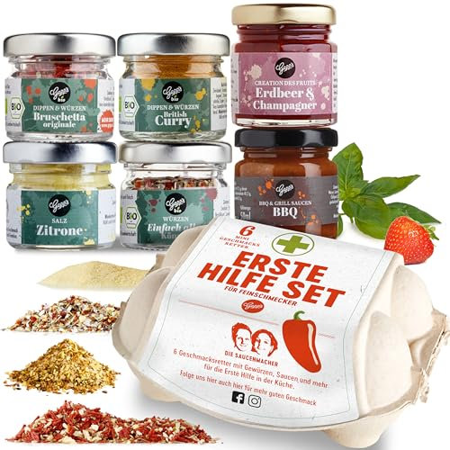 Gepp's Feinkost Geschenkset Erste Hilfe Tasting Box I Gourmet Geschenkkorb mit 6 leckeren Delikatessen I Präsentkorb für kleine Notfälle - mit Gewürzen, Dip & Sauce