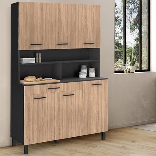 IDMarket - Aparador de cocina 120 CM CINA 6 puertas + cajón negro y forma haya