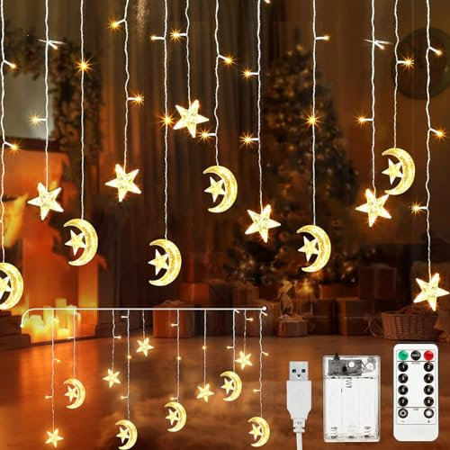 Aluusy Lichterkette Ramadan, 3.5m Sterne Mond Lichtervorhang Batterie/USB mit Timer, 8 Modi LED Lichterketten Vorhang Fenster Innen Außen mit Fernbedienung für Ramadan, Party, Balkon