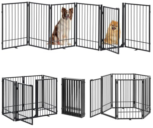 HIDOG Metal Freestanding Dog Gate with Door, Extra Wide 307 cm, Height 78 cm Foldable Dog Gates for Doorways, Tall Dog Fence Indoor Outdoor Pet Gates, 6 Panels Pet Barrier for Stairs Hallways