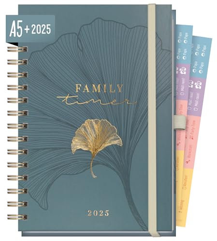 Häfft® Family-Timer Deluxe 2025 A5+ Blue Ginkgo Hardcover Familien-Kalender für 4 Personen, Familien-Planer 12 Monate: Jan bis Dez 25 - nachhaltig & klimafreundlich