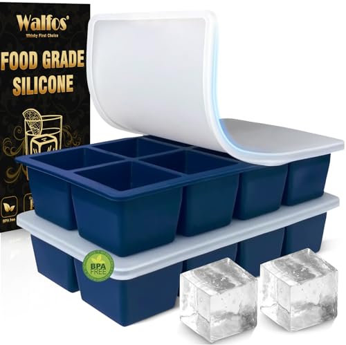 Walfos große Eiswürfelform silikon, 2 Pack 8-fach Silikon Eiswürfelbehälter mit Deckel,BPA-frei und spülmaschinenfest,für Cocktails, Whisky, Babynahrung(blue)