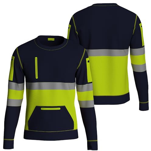 NOROZE High Visibility Long Sleeve Hi Vis Jumper - Crew Neck Fleece Hi Viz Sweatshirt Reflective Tape Safety - Mens Security Workwear Tshirt Top NVY-YEL/S