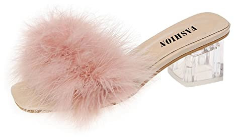 Generic Pantoufles à talons hauts et plumes pour femme - Antidérapantes - Chic - Pour l'extérieur - Taille, rose, 39 EU
