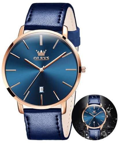 OLEVS Herren-Armbanduhr, klassisch, Business-Armbanduhr, atmungsaktives Lederarmband, lässig, Kalender, wasserdicht, stilvoll, geeignet als Geschenk, Blaues Band und rotgoldenes und blaues Zifferblatt