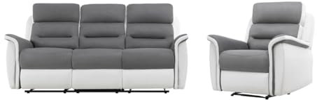LOUNGITUDE RELAXXO - Pack - Ensemble de Canapés Relaxation Manuel 3 Places et 1 Fauteuil LÉON - Blanc/Gris