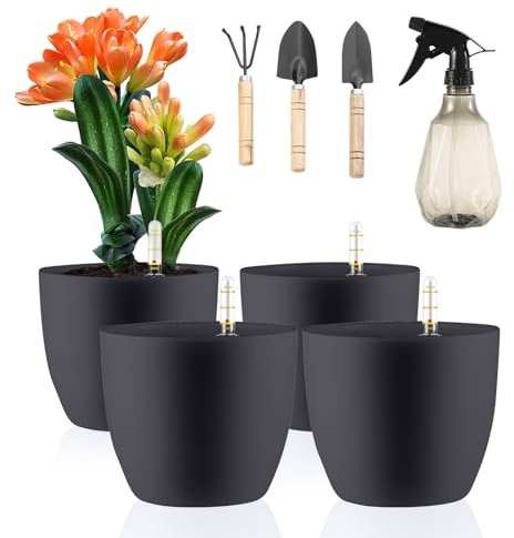 LangRay Set di 4 Vasi da Fiori con Indicatore dell'acqua, 15,5 x 13 cm, Piccoli Vasi in plastica Autoirrigante con Sistema di Irrigazione per Piante in Miniatura