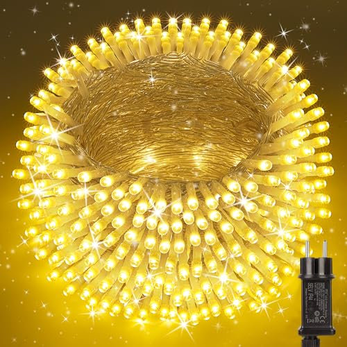 Moxled Lichterkette Außen 100m 800LED, Warmweiß Lichterkette Außen Strom mit Timer Speicherfunktion, Transparente Kabel, Wasserdicht 8 Modi Weihnachtsbeleuchtung für Außen Innen Baum Weihnachten
