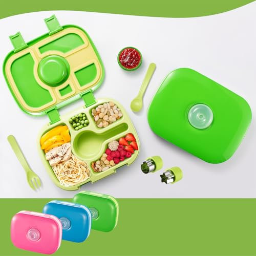 Qobobo® Brotdose mit Fächern, BPA-Frei, Lunchbox mit 5 Unterteilung 2 Brotmesser und 1 Separaten Saucenbox & geschirr, Brotzeitbox Brotbox Bento Box ideal für Kindergarten & Schule (Grün)