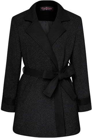 CURLBIUTY Damen Mantel mit Gürtel und Taschen Langärmelig Revers Warme Winterjacke Mittellang Winddichter Mantel Schwarz L
