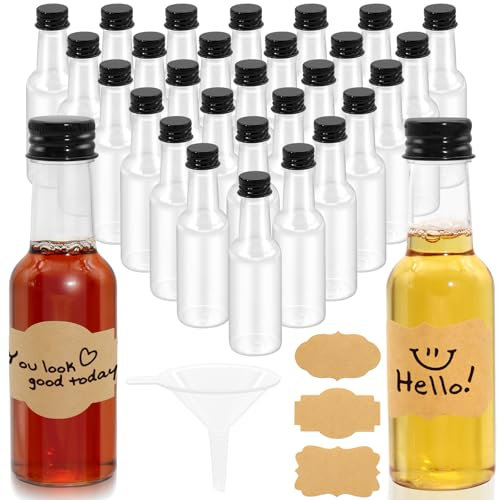 30 Stück 50ml Kunststoff Kleine Likörflaschen zum Befüllen, 10.5 x 3.2cm Mini Flaschen zum Befüllen mit Trichter und Etikett, Wiederverwendbare Schnapsflaschen zum Befüllen für Hochzeiten Party