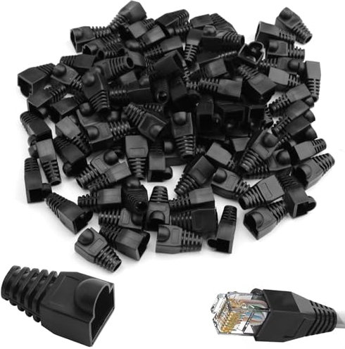 RJ 45 Cable Plug Protectors, 100 Pcs Ethernet Cable Connector Boots Cover Soft Plastic RJ45 Boots Network Wire LAN Strain Boots Plug Cover Strain Relief Boots for CAT5 CAT5E CAT6 CAT6E (Black)