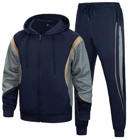 AOTORR Mens Tracksuit Set Full Zip Hooded Jacket Jogging Tops Bottoms Sweatshirt Suit with Pockets BS028 Navy Gray XL