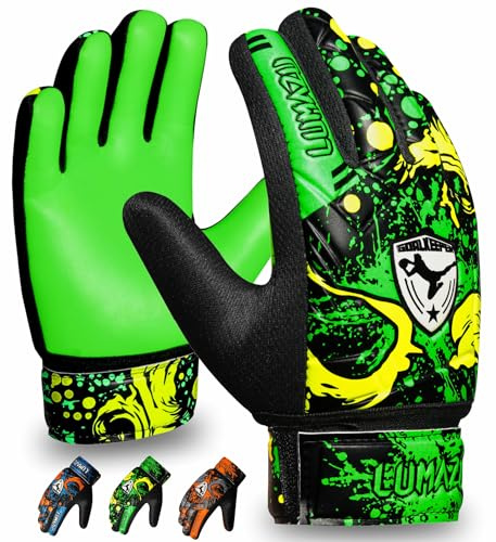 LUMAZU Youth Soccer Goalkeeper Gloves Kids Adult (Green, Size 5 suitable for 9 to 12 Years Old)