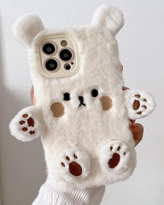 Szakdws Flauschig Handyhülle für iPhone 16 Pro 6.3 Niedlicher Bär Karikatur Hülle für Mädchen Frauen Winter Warm Weiches TPU Stoßfänger Plüsch Fuzzy Pelz Rückseite Schutzhülle (Weiß)