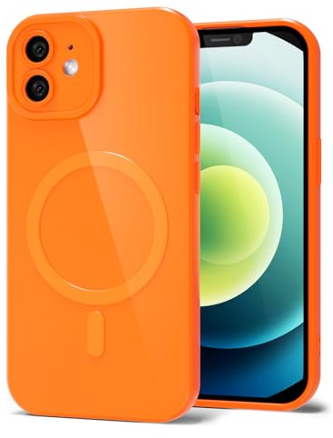 Svanove for iPhone 12 Phone Case Silicone Magnetic, Compatible with Magsafe Case Cute for Women, Girly Bright Color Glossy Jelly Thin Slim Hard Mag Safe Rubber & Camera Cover, Neon Orange