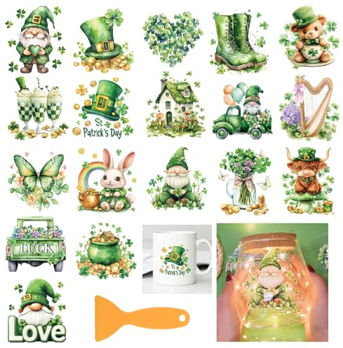 GLOBLELAND 18 Blatt Bunte St. Patrick'S Day Gnome UV DTF Tasse Transfer Aufkleber 3.9x3.6 Zoll Kleeblätter DTF Transferaufkleber Möbel Großformat Transfers für Glasbecher Keraflott Möbel Glas Holz