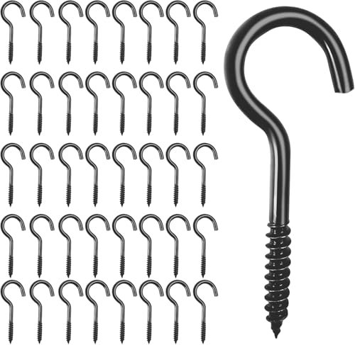 JOYSKY Schraubhaken Schwarz 40 Stück Haken Schrauben 50mm Tragfähig 14-23kg, Edelstahl Haken zum Schrauben Schraubhaken Set Hakenschraube Einschraubhaken zum Befestigen von Pflanzen, Markisen, Lampen
