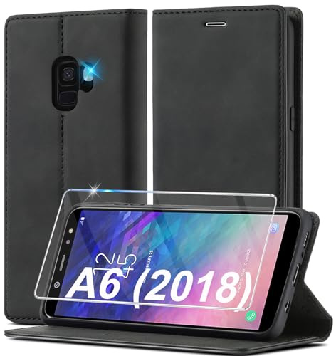 Ailicici für Samsung Galaxy A6 2018 Hülle Leder, Mit Schutzfolie, Handyhülle für Samsung A6 2018 Klapphülle Klappbar Flip Standfunktion Kartenfach Wallet Case Cover Schutzhülle Galaxy A6 2018 Holster