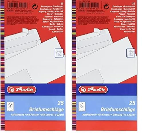 Herlitz Briefumschlag DIN Lang Haftklebend mit Fenster, 25 Stück mit Innendruck in Folienpackung, eingeschweißt, weiß (Packung mit 2)