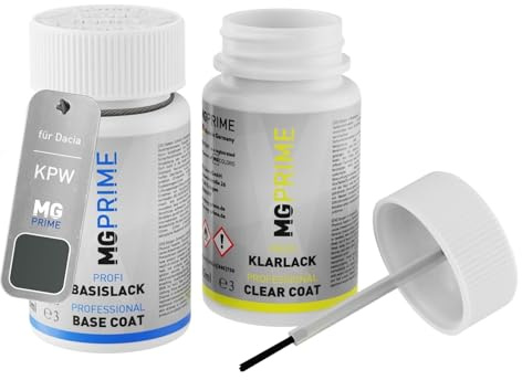MG PRIME Autolack Lackstift für Dacia KPW Gris Urban/Schiefer Grau +1K | Set aus Basislack + Klarlack, Lackfläschchen mit Pinsel, je 50ml