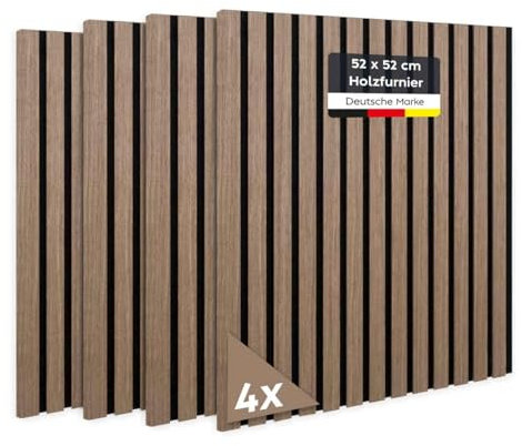 JELLE & JACOB Panneaux acoustiques muraux en placage bois noyer 52 x 52 cm, lot de 4 panneaux tasseaux sur feutre acoustique noir, lamelles 3D, acoustique agréable - déco intérieure scandinave