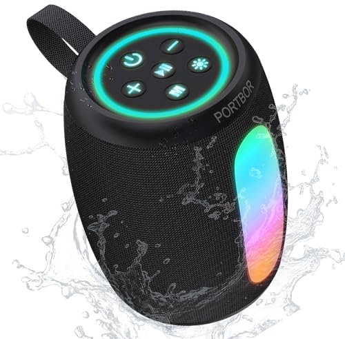 Bluetooth Speaker with Powerful Stereo Sound, Portable Wireless, IPX5 Waterproof, Cool Lights Small Speaker, BT5.3/AUX, TWS Pairing, for Outdoor/Home/Party/Beach, Electronics Gadget, Gifts for Him,Her