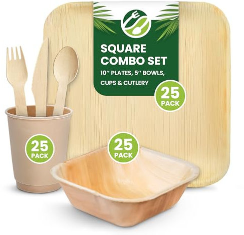 Eco Leaf 150pcs Disposable Palm Leaf Plates, Bowls, Cups and Wooden Cutlery Set – 25x Square Plates, 25x Bowls, 25x Cups, 25x Forks, Knives and Spoons – Eco-Friendly, Compostable, Oven Safe